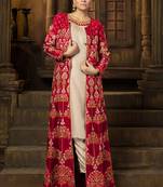 Beige & red raw silk & velvet semi stitched wedding jacket salwar kameez