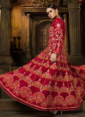 Beige & red raw silk & velvet semi stitched wedding jacket salwar kameez 2