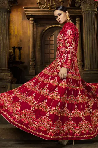 Beige & red raw silk & velvet semi stitched wedding jacket salwar kameez