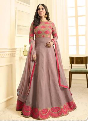Rose pink raw silk semi stitched wedding anarkali suit 1