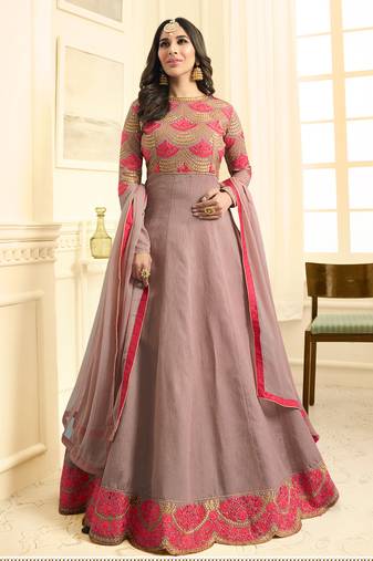 Rose pink raw silk semi stitched wedding anarkali suit
