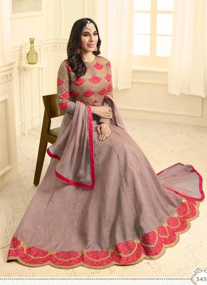 Rose pink raw silk semi stitched wedding anarkali suit 2