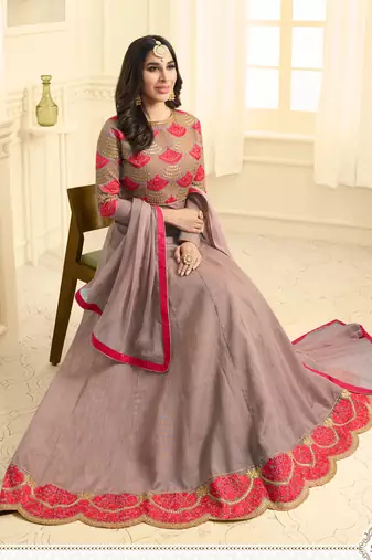 Rose pink raw silk semi stitched wedding anarkali suit