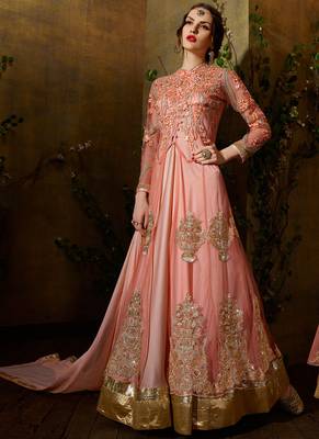 Pink net semi stitched wedding jacket lehenga dress 1