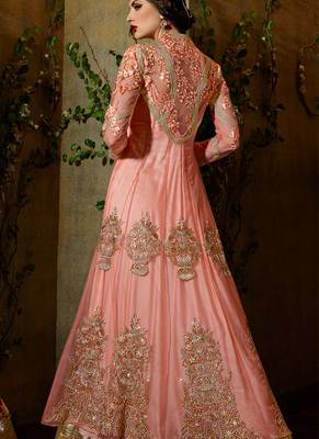 Pink net semi stitched wedding jacket lehenga dress 2