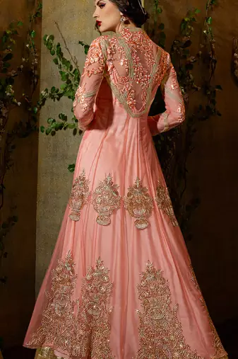 Pink net semi stitched wedding jacket lehenga dress