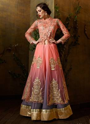 Pink net semi stitched wedding jacket lehenga dress 3
