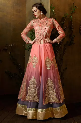 Pink net semi stitched wedding jacket lehenga dress