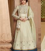 Cream silk semi stitched wedding anarkali suit