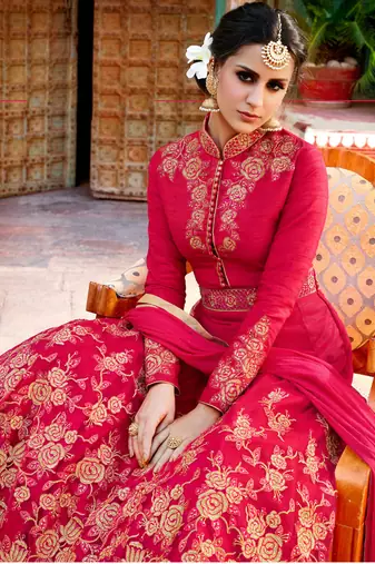 Red silk semi stitched wedding salwar kameez