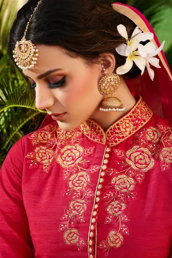 Red silk semi stitched wedding salwar kameez