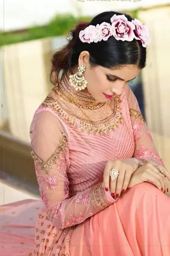 Pink georgette semi stitched wedding salwar kameez