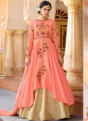Pink raw silk semi stitched wedding skirt kameez 1