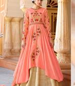 Pink raw silk semi stitched wedding skirt kameez