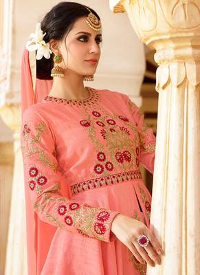 Pink raw silk semi stitched wedding skirt kameez 2