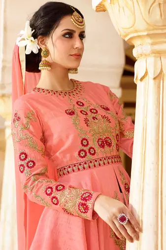 Pink raw silk semi stitched wedding skirt kameez
