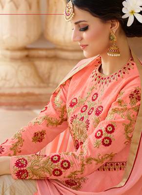 Pink raw silk semi stitched wedding skirt kameez 3