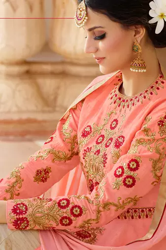 Pink raw silk semi stitched wedding skirt kameez