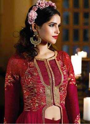 Red georgette semi stitched wedding salwar kameez 4