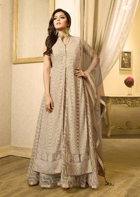 Beige georgette & net semi stitched wedding designer salwar kameez 1