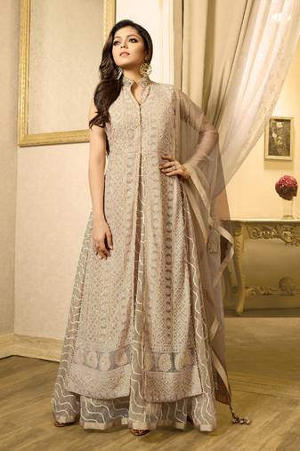 Beige georgette & net semi stitched wedding designer salwar kameez