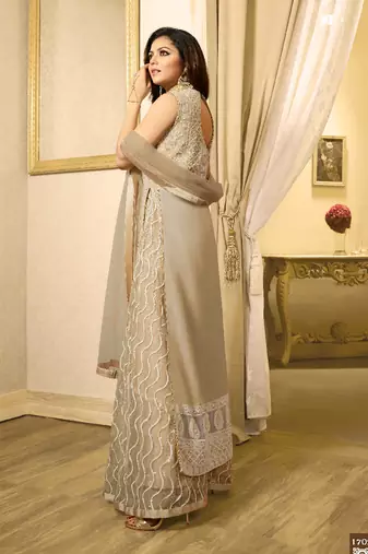 Beige georgette & net semi stitched wedding designer salwar kameez