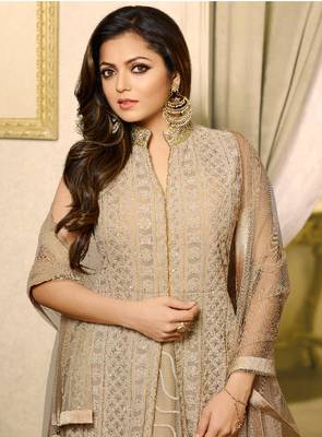 Beige georgette & net semi stitched wedding designer salwar kameez 3