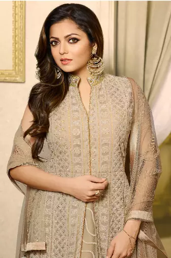 Beige georgette & net semi stitched wedding designer salwar kameez