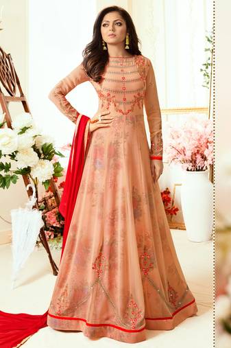 Peach georgette semi stitched wedding anarkali suit