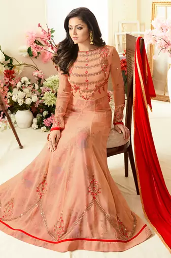 Peach georgette semi stitched wedding anarkali suit