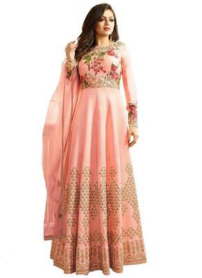 Peach silk semi stitched wedding anarkali churidar 1