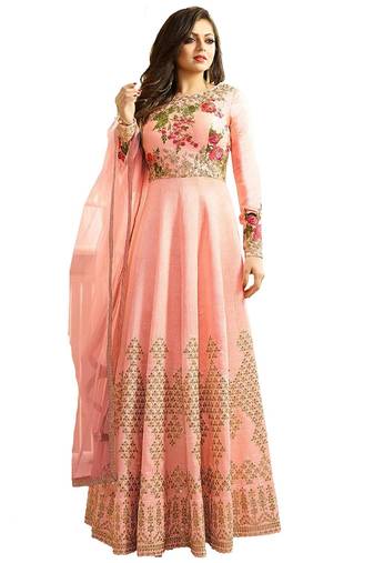 Peach silk semi stitched wedding anarkali churidar