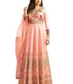 Peach silk semi stitched wedding anarkali churidar
