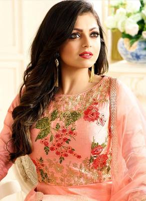 Peach silk semi stitched wedding anarkali churidar 2