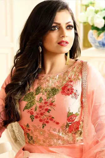 Peach silk semi stitched wedding anarkali churidar