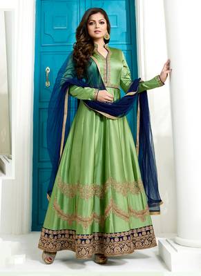 Green satin silk semi stitched wedding anarkali dress 1