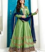 Green satin silk semi stitched wedding anarkali dress