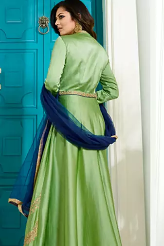 Green satin silk semi stitched wedding anarkali dress