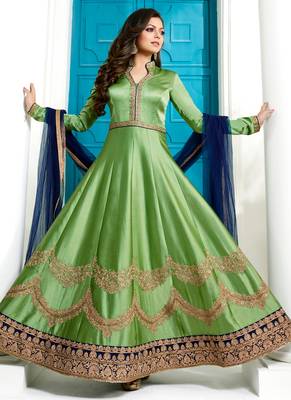 Green satin silk semi stitched wedding anarkali dress 3