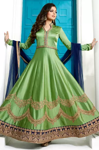 Green satin silk semi stitched wedding anarkali dress