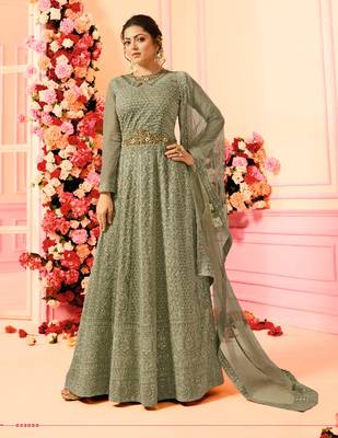 Green georgette semi stitched wedding anarkali churidar 1