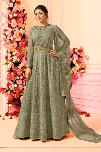 Green georgette semi stitched wedding anarkali churidar