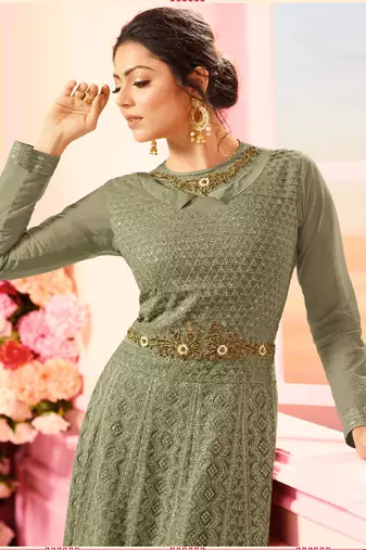 Green georgette semi stitched wedding anarkali churidar