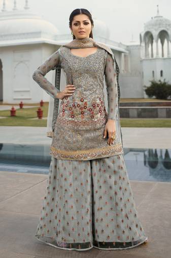Grey net semi stitched wedding palazzo salwar kameez