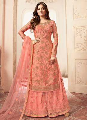 Peach dola jacquard semi stitched wedding sharara salwar kameez 1