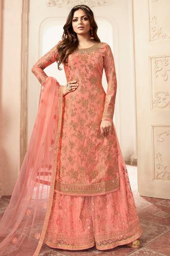 Peach dola jacquard semi stitched wedding sharara salwar kameez