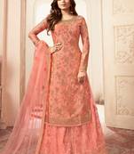 Peach dola jacquard semi stitched wedding sharara salwar kameez