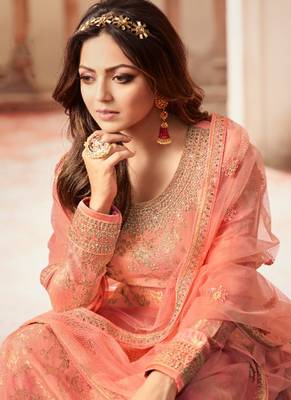 Peach dola jacquard semi stitched wedding sharara salwar kameez 2