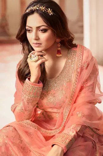 Peach dola jacquard semi stitched wedding sharara salwar kameez