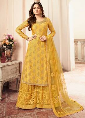 Yellow dola jacquard semi stitched wedding sharara salwar kameez 1